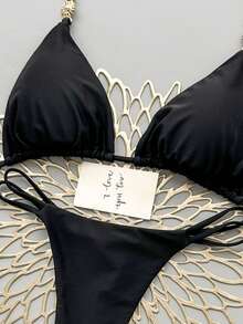 2er Set lässiger eleganter sexy Bohemian Bikini mit Blumen-Batik-Besatz, geeignet für Strand & Urlaub, Frühling/Sommer Urlaub Schwarz - Schwarz - Übersicht 3
