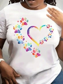 Plus Size Women's Casual T-Shirt With Round Neck And Heart And Animal Paw Print Print, Short Sleeve Stretch Summer Top For Casual Wear, Relaxed Fit | Playful Print Top | Stretchy Fabric, Women's T-Shirts - 白色 - 查看 1