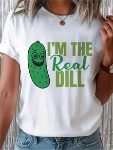 Women's Casual Summer T-Shirt With Fun Pickled Cucumber Print "I'm A Real Cucumber" - Soft And Breathable White Short-Sleeved T-Shirt With A Smiling Green Cucumber Print, Loose H-Shaped Fit, Round Neck, Ideal For Everyday Wear In Spring And Summer, For Party And Food Themed Outfits, A Must-Have For Pickle Lovers. - 白色 - 查看 1