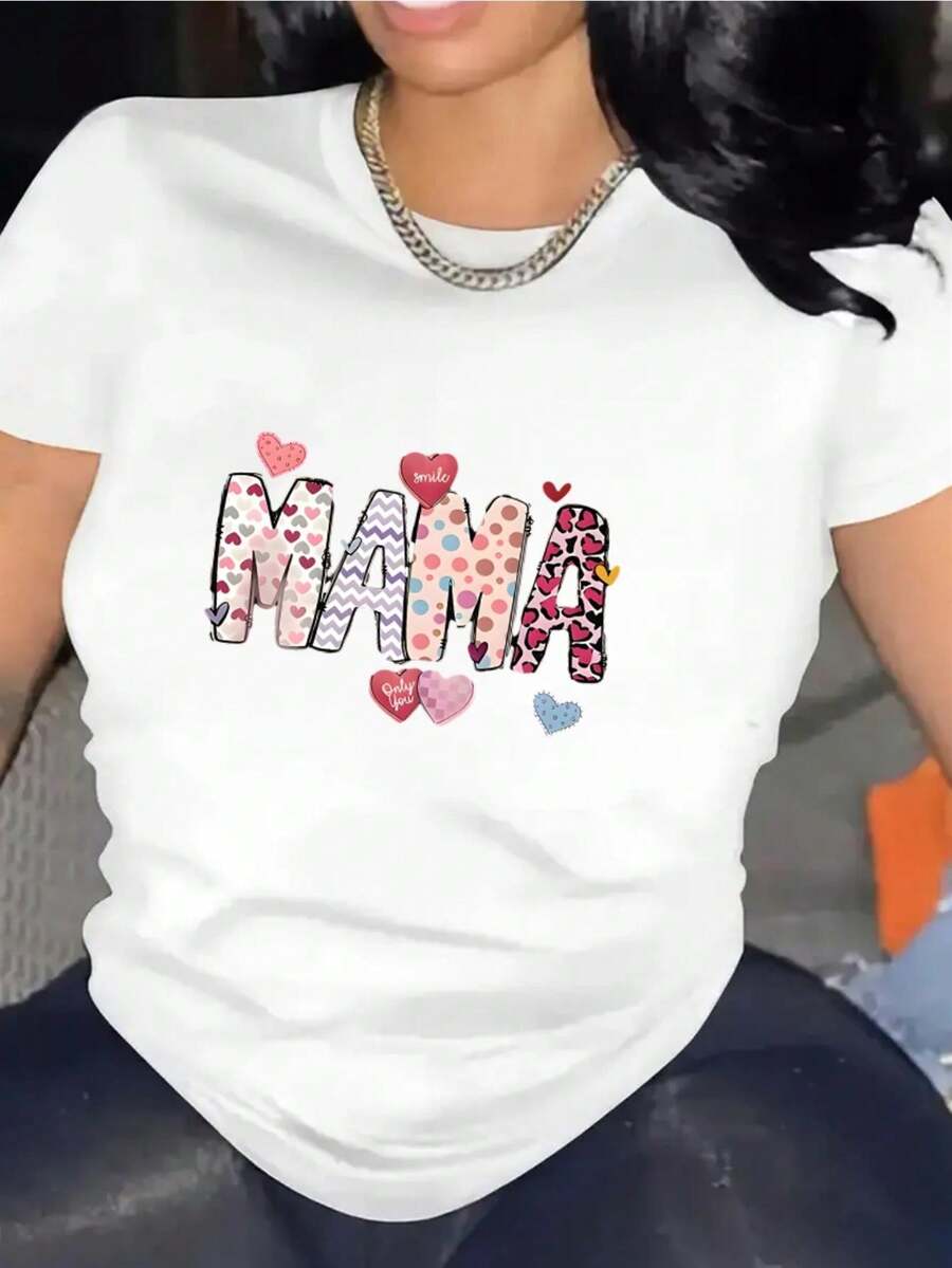 Women's And Unisex One-Piece T-Shirt For Mother's Day - Bold MAMA Graphic With Polka Dots And Hearts, Casual Crew Neck Short Sleeve Tee, Ideal Gift For Mom, Grandma, Aunt - Comfortable Machine Washable Clothing - 白色 - 查看 1