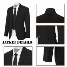 Boys 3-Piece Herringbone Twill Suit Set, Black, Suitable For Wedding, Birthday, School, Stage, Formal Occasions, 6-16 Years Old - Black - View 8