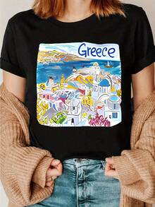 Women's T-Shirt With Artistic Print Of The Greek Islands - Athenian Monuments And Santorini, Aegean Sea Design, Crew Neck, Lightweight, Hand-Shortened, Casual Souvenir Travel Clothing, Key Hellenic & Mediterranean Fashion, Iconic Hand-Painted Geometric Patterns, Artistic Style For Painting Lovers! Comfortable 4 Seasons, Machine Washable, Vibrant Greek Themed Graphic Shirt - 黑色 - 查看 1
