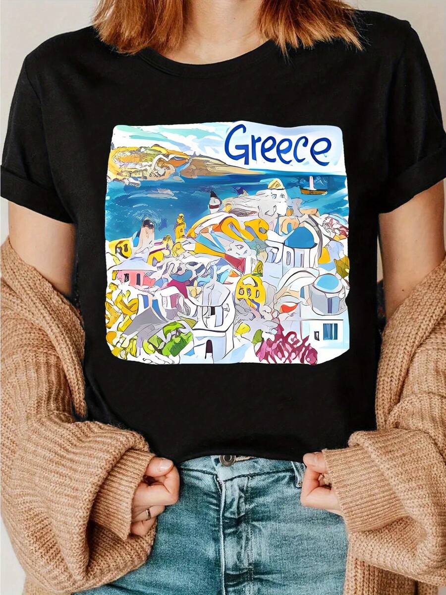 Women's T-Shirt With Artistic Print Of The Greek Islands - Athenian Monuments And Santorini, Aegean Sea Design, Crew Neck, Lightweight, Hand-Shortened, Casual Souvenir Travel Clothing, Key Hellenic & Mediterranean Fashion, Iconic Hand-Painted Geometric Patterns, Artistic Style For Painting Lovers! Comfortable 4 Seasons, Machine Washable, Vibrant Greek Themed Graphic Shirt - 黑色 - 查看 1