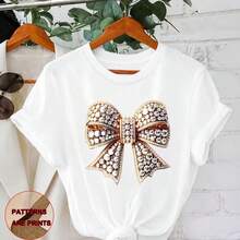Women's Cotton T-Shirt, Sizes M-5XL, Loose Fit, Short Sleeve, Round Neck, Rhinestone Bow Print, Casual Top For Everyday Wear, Basic T-Shirt, Soft And Comfortable Fabric, Loose Style, Modern And Friendly Graphic T-Shirt For Women. - 白色 - 查看 7