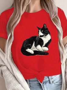 Gift: 1 Piece Of Comfortable Women's Shirt, Made Of Soft 100% Cotton Fabric, With A Detailed Illustration Of A White Cat. - 紅色的 - 查看 6