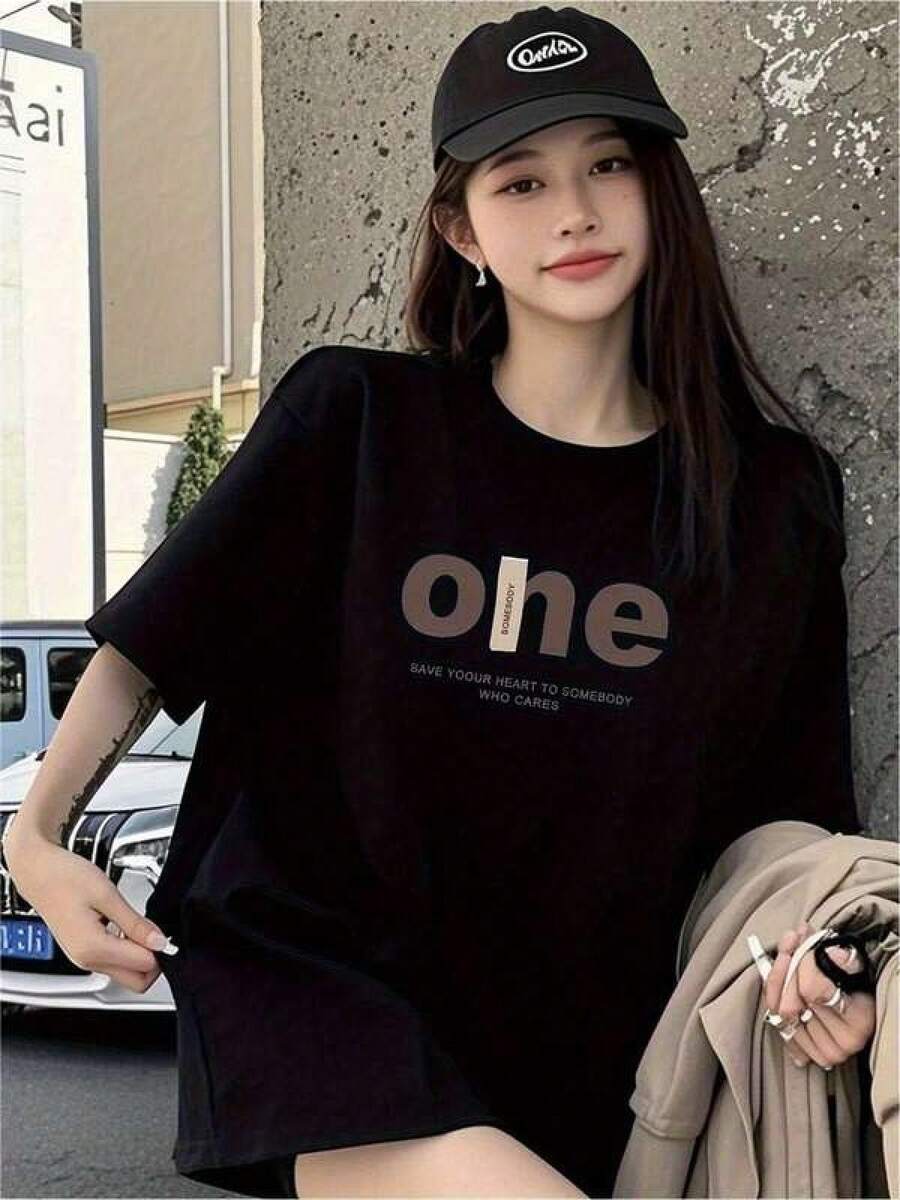1 Piece Women's Casual Round Neck Cotton T-Shirt For Women, Modern Comfortable Unisex T-Shirt With Creative Print, Casual Daily Urban Style For Young People, Hidden In Black And White Fashion Colors. - 黑色 - 查看 1