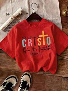 Women's T-Shirt With Spanish Letter Print In Light Pink - Casual Short Sleeve Crew Neck T-Shirt With Religious Cross Design And Philippians 4:13 Bible Verse, Soft And Breathable Fabric For Summer And Spring, Relaxed Fit, Modern Style, Comfortable Fit, Printed T-Shirt, Religious-Inspired Clothing. 100% Cotton - 紅色 - 查看 6