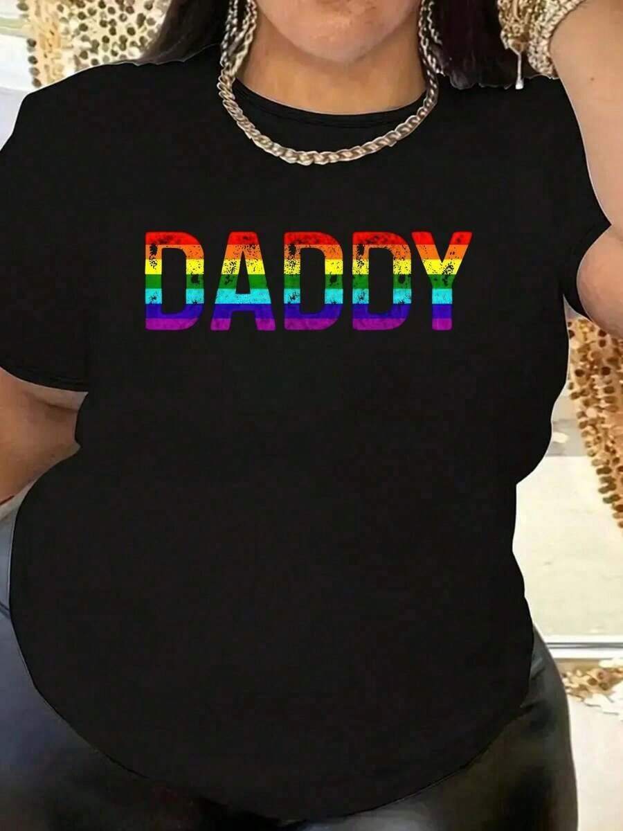 Women's Blouses: Plus Size Women's Rainbow Print "Dad" T-Shirt For Pride Month And Father's Day - Casual Stretch Polyester Crew Neck T-Shirt, Machine Washable, Suitable For Spring And Summer, Daily Wear, With Eye-Catching Lettering, Comfortable Fit, Lightweight T-Shirt, Summer Clothing. - 黑色 - 查看 1