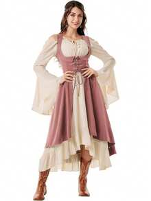 Women's Renaissance Peasant Dress, Pirate Style, Underbust Corset, Asymmetrical (High-Low) Skirt, With Pockets, Medieval Costume, Ideal For Renaissance Fairs, Theme Parties And Cosplay - 紅色 - 查看 1
