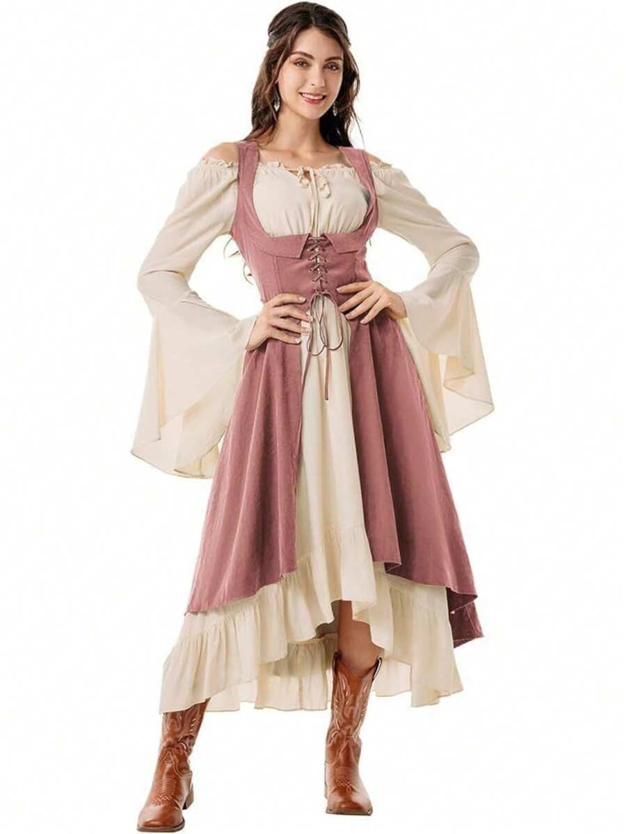 Women's Renaissance Peasant Dress, Pirate Style, Underbust Corset, Asymmetrical (High-Low) Skirt, With Pockets, Medieval Costume, Ideal For Renaissance Fairs, Theme Parties And Cosplay - 紅色 - 查看 1