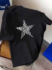 Short-Sleeved T-Shirt - Zebra Print With Stars, Zebra Design -  Printed T-Shirt For Women, Spring/Summer, Black, Soft And Comfortable, Your Best Choice! Elegant Party Outfit, T-Shirt For Elegant Ladies, Blouses Suitable For Curvy Women, Casual Wear, Cool And Sweat-Free Summer Clothing, Fun Letter Print. - 黑色 - 查看 1