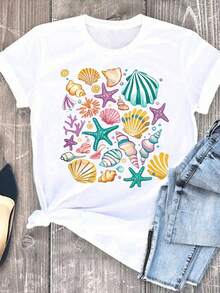 Women's Loose-Fitting Short-Sleeved T-Shirt, Casual Style, With Seashell Print, Breathable Round Neck, Suitable For Spring And Summer, Machine Washable, Versatile For Daily And Party Wear, Natural Style Design, Comfortable Fabric. - White - View 10