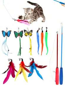 Happy Cat Toy Set, Pet Cat Toy Kit With Colorful Artificial Feathers, Fishing Rod, Caterpillar Bell, Replaceable Head Teaser Wand, Suitable For Indoor And Outdoor Use, Training, Self-Entertainment, Relieving Boredom, (Random Color) - View 1