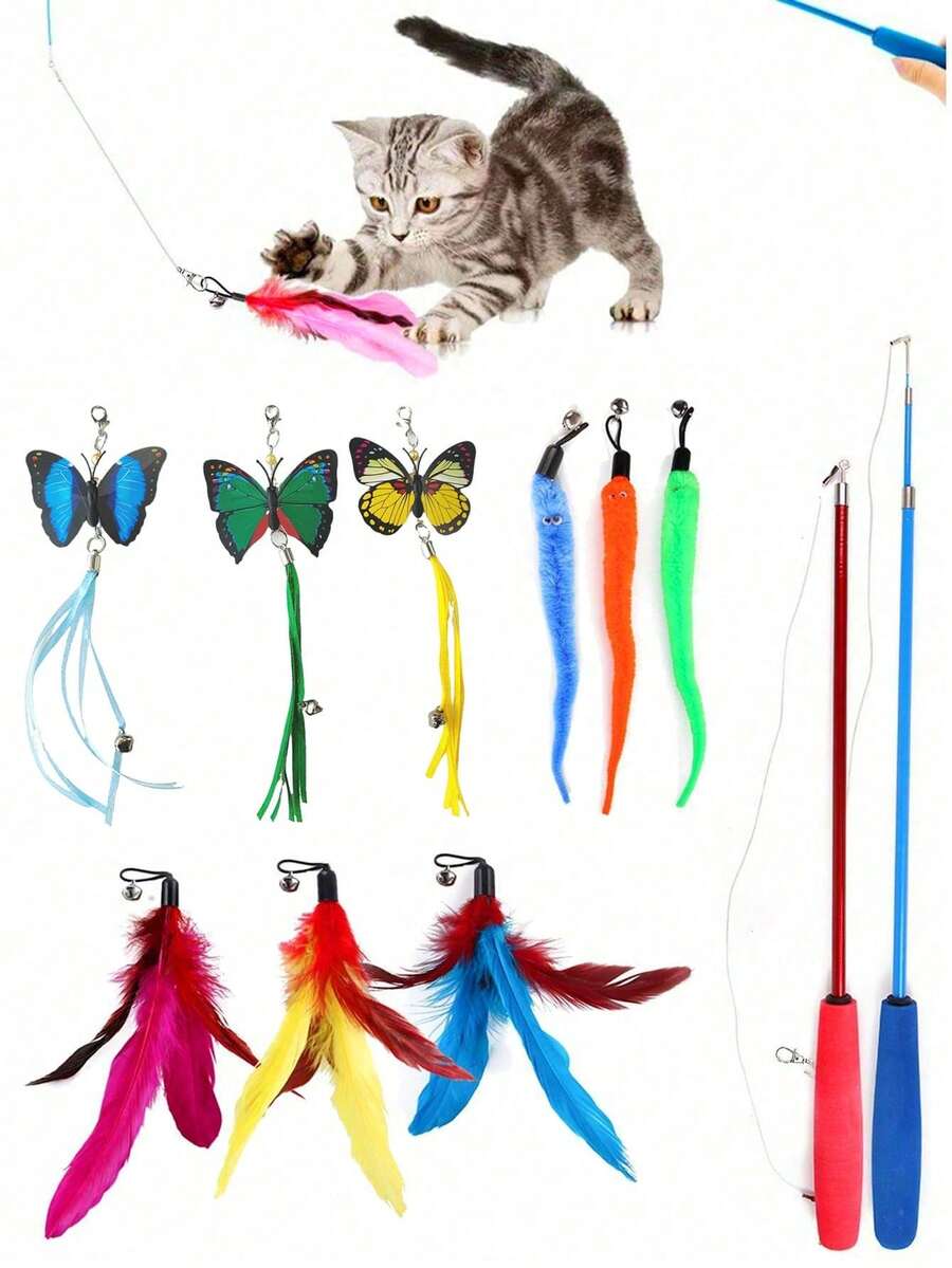 Happy Cat Toy Set, Pet Cat Toy Kit With Colorful Artificial Feathers, Fishing Rod, Caterpillar Bell, Replaceable Head Teaser Wand, Suitable For Indoor And Outdoor Use, Training, Self-Entertainment, Relieving Boredom, (Random Color) - View 1
