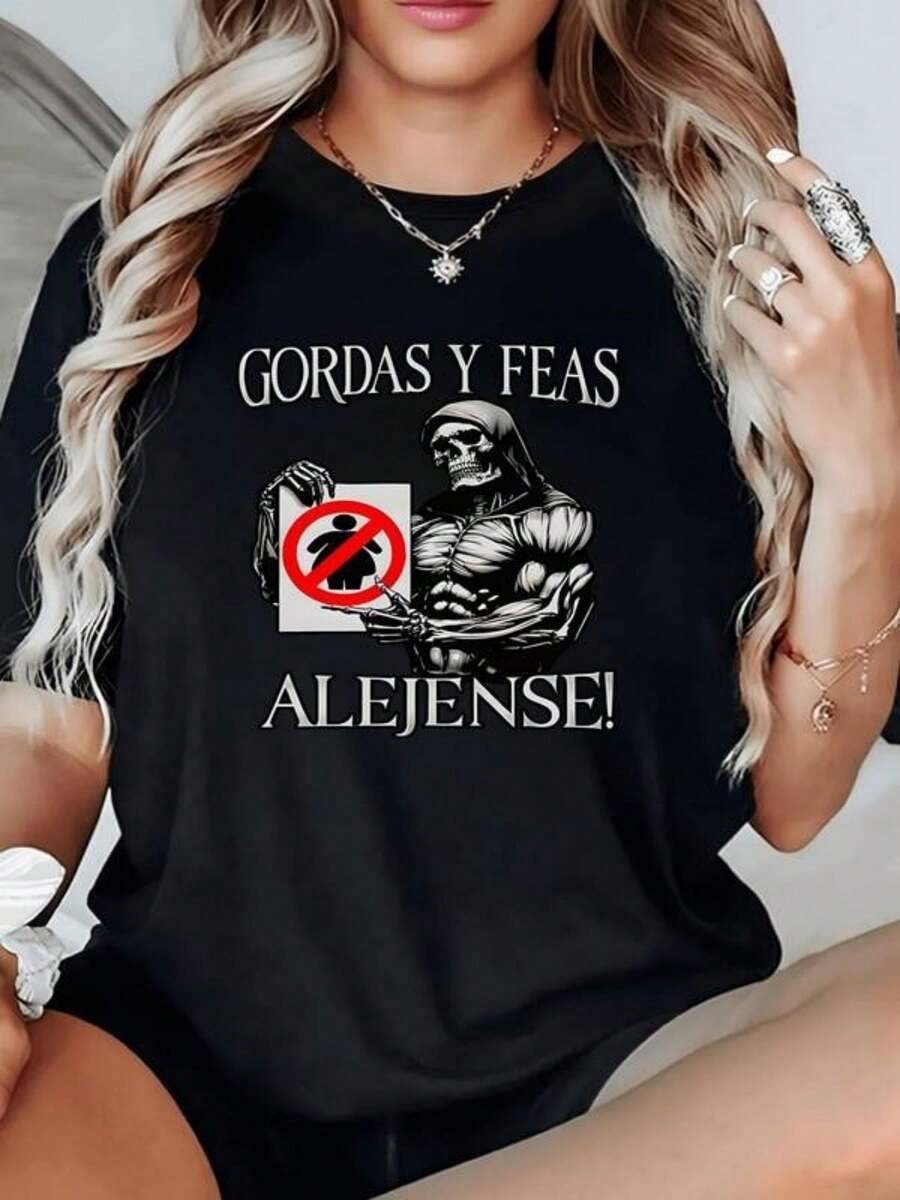 Women's Plus Size Summer T-Shirt, Round Neck, Comfortable And Cool, Short Sleeve, With Muscular Skeleton Print And Slogan In Spanish, Multifunctional, Comfortable And Breathable, Ideal For Holidays, Daily Outings, Christmas Gifts... - 黑色 - 查看 1