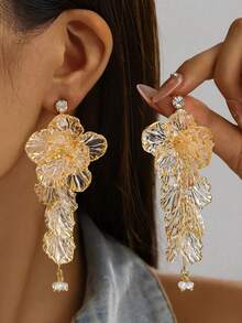 1 Pair Elegant High-End Personalized Gold Hollow Floral Tassel Earrings For Women - Multicolor - View 2