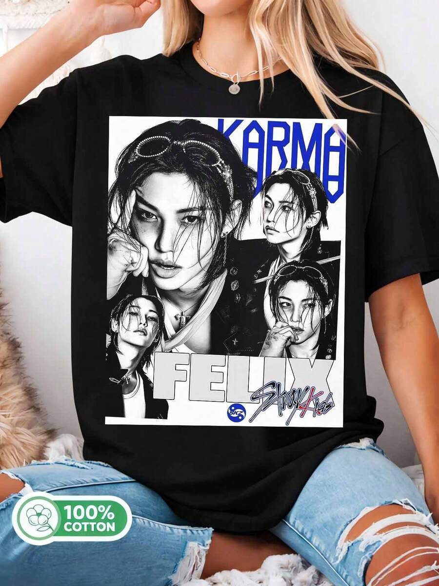 / Felix Karma K-Pop Graphic Tee, SKZ Retro Black & White Shirt - Black - View 1