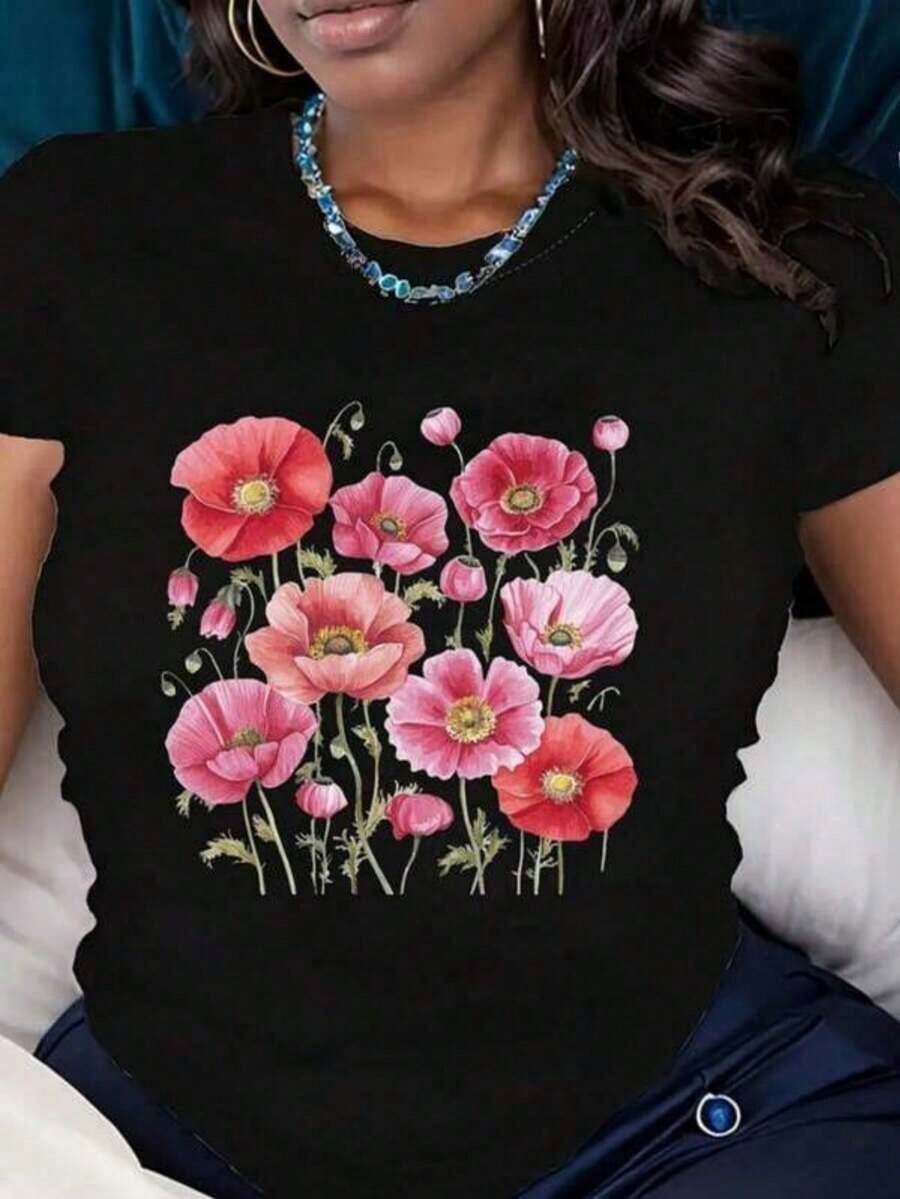 Women's T-Shirt, Round Neck T-Shirt For Women With Floral Print, Casual Clothing - 黑色 - 查看 1