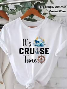 Women's Casual Sports T-Shirt, Short Sleeve, White, With Cruiser Graphic Design - Elastic Crew Neck T-Shirt, Machine Washable, Comfortable Fit For All Seasons, For Travel Lovers And Nautical Style. - 白色 - 查看 7