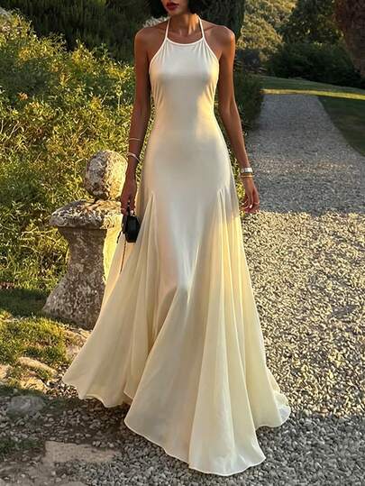 NOVELLE Women's Elegant Sexy Apricot Halter Dress, French High-End Fish Tail Flared Backless Fitted Dress, Suitable For Summer Vacation, Formal Occasions, Parties, Dates