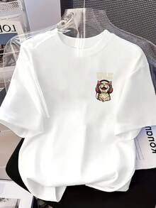 | Exquisite Design | Loose And Comfortable | Easy To Match | T-Shirt With A Print On The Front And Back, Showing A Cat With Headphones And A Musical Cat Print, Casual Short-Sleeved Round Neck Top For Women, Comfortable Fit, Skin-Friendly Fabric, Classic Design, A Must-Have Fashion Item For Women. - 白色 - 查看 3