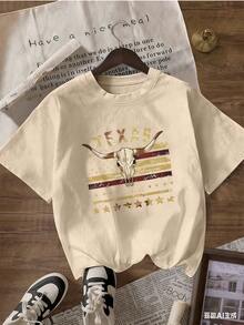 Western And Vintage Style Short Sleeve T-Shirt, Fashionable Short Sleeve T-Shirt For Spring And Summer 2026, Made In Mexico, 180 Grams. Cartoon Print, Couple Design, Suitable For Indoor Or Outdoor Wear. Crew Neck, Unisex, Ideal For Office And Leisure. One-Piece Pack. - APR-P631577SLNDXZGY600 - 查看 1