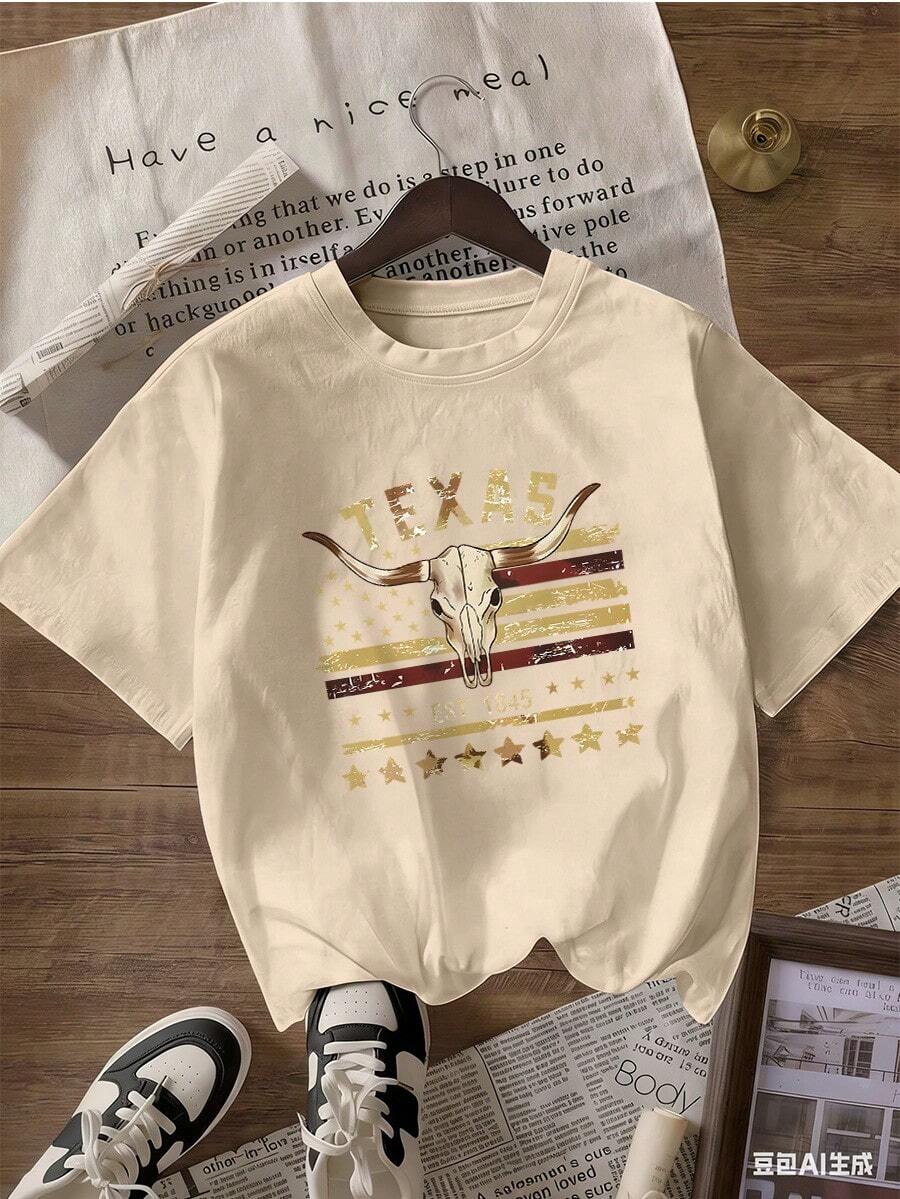Western And Vintage Style Short Sleeve T-Shirt, Fashionable Short Sleeve T-Shirt For Spring And Summer 2026, Made In Mexico, 180 Grams. Cartoon Print, Couple Design, Suitable For Indoor Or Outdoor Wear. Crew Neck, Unisex, Ideal For Office And Leisure. One-Piece Pack. - APR-P631577SLNDXZGY600 - 查看 1