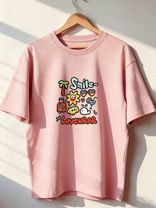 Summer Cartoon T-Shirt With "Smile~" Text, Fashionable Short-Sleeved T-Shirt For Spring And Summer 2026, Made In Mexico, 180 Grams. Cartoon Print, Couple Design, Suitable For Indoor Or Outdoor Wear. Crew Neck, Unisex, Ideal For Office And Leisure. One-Pack. - PK-P631577SLNDXZGY595 - 查看 1