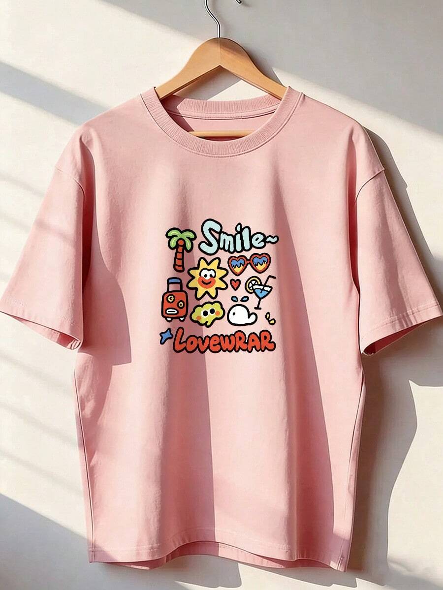 Summer Cartoon T-Shirt With "Smile~" Text, Fashionable Short-Sleeved T-Shirt For Spring And Summer 2026, Made In Mexico, 180 Grams. Cartoon Print, Couple Design, Suitable For Indoor Or Outdoor Wear. Crew Neck, Unisex, Ideal For Office And Leisure. One-Pack. - PK-P631577SLNDXZGY595 - 查看 1