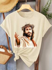 Women's Casual Spring/Summer/Autumn Sports T-Shirt, Soft And Comfortable, Short Sleeve And Round Neck, With The Image Of Jesus (Easter) With A Crown Of Thorns, With A Modern And Elegant Style, Available In Sizes S-XXL. - 杏色 - 查看 7