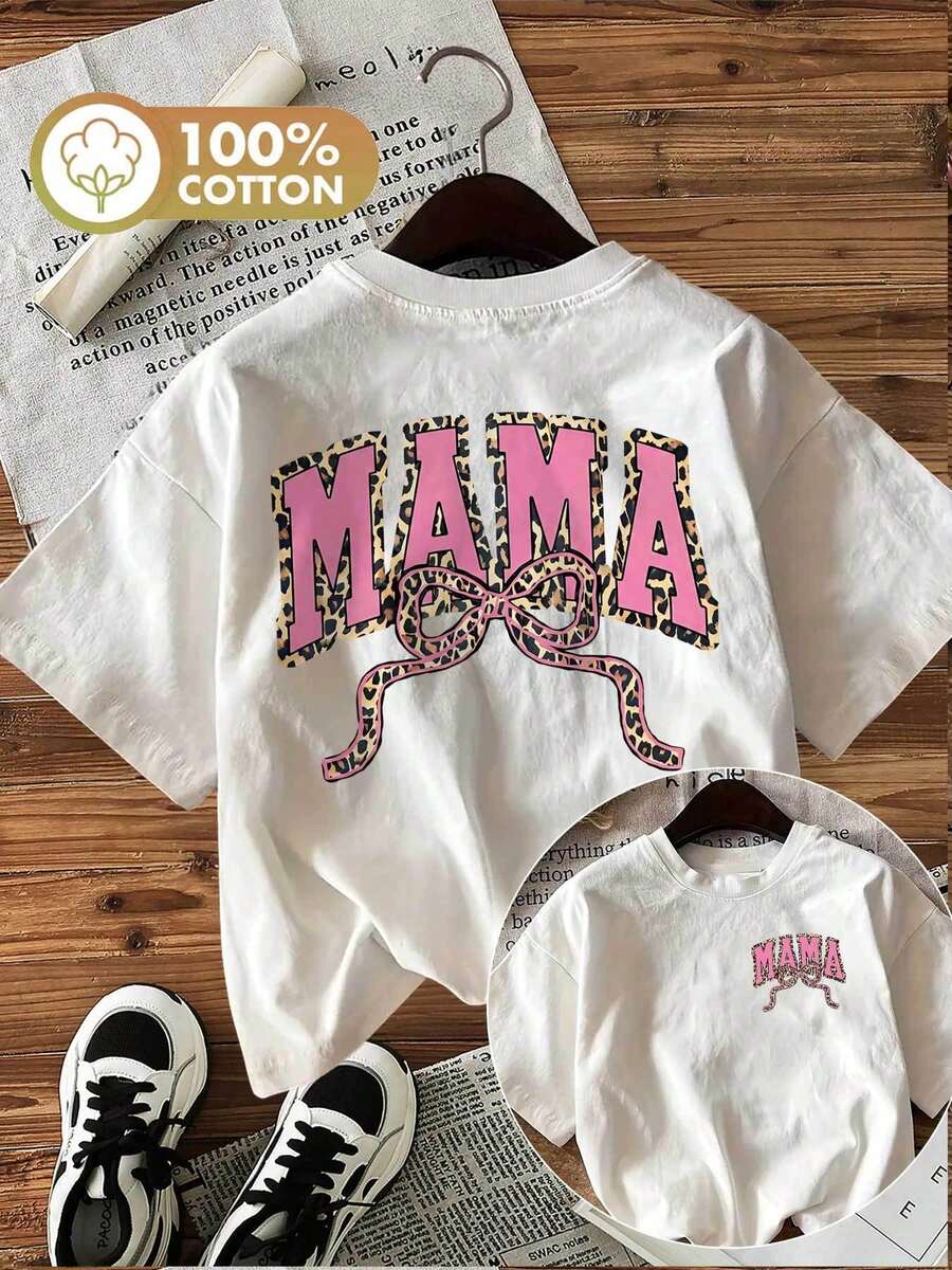 | Exquisite Design | Loose And Comfortable | Easy To Match | [Double-Sided Print] Women's Spring/Summer Top, Wild Style, Leopard Print, Bow, MAMA Print, Pure Cotton, Casual, Short Sleeve, Round Neck, Women's T-Shirt - 白色 - 查看 1