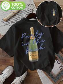 | Exquisite Design | Loose And Comfortable | Easy To Match | [Double-Sided Print] Women's Summer Casual T-Shirt, Hand-Painted Style, Wine Bottle And Text Print, "Party In The" Print, Round Neck, Pure Cotton Short Sleeve T-Shirt - 黑色 - 查看 1