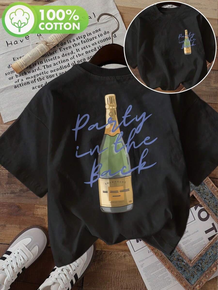 | Exquisite Design | Loose And Comfortable | Easy To Match | [Double-Sided Print] Women's Summer Casual T-Shirt, Hand-Painted Style, Wine Bottle And Text Print, "Party In The" Print, Round Neck, Pure Cotton Short Sleeve T-Shirt - 黑色 - 查看 1