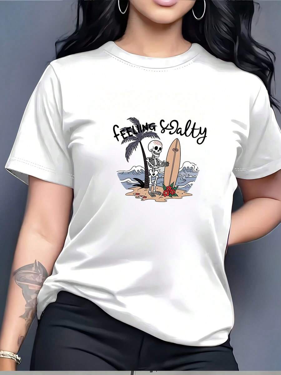 Salty Vibes Skateboard Skull T-Shirt By 180G - Summer Beach Fun, A Perfect Gift For Family, Coworkers, Outings And Team Building Activities - Modern Surf Design, Unisex Casual Fashion. - 白色 - 查看 1