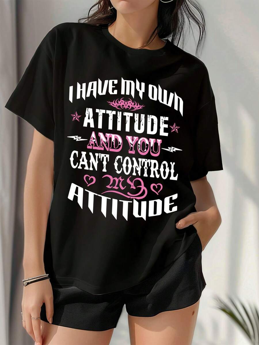 Women's T-Shirt With Inspirational Quotes Print - Black - View 1