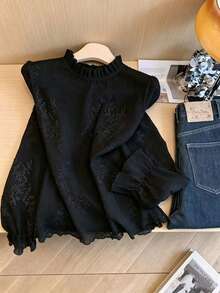 Women's Solid Color Ruffle Collar Top, Suitable For Evening Dates Black, Elegant - Black - View 2