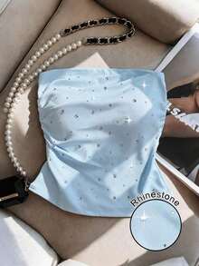 Nuevo top bandeau ajustado y sexy con adornos de strass, adecuado para uso diario, fiestas y citas - Azul - Ver 5