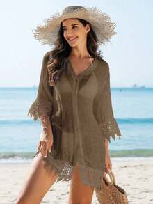 Swim Vcay Kimono cubrecuerpo para damas de un solo color con aplicaciones de encaje y botones delanteros - Café integral - Ver 5