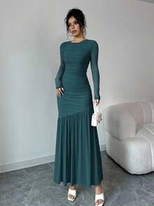 Vestido largo de manga larga con cuello redondo y malla para mujer, vestido casual de otoño.Adecuado para ropa de otoño, atuendo de regreso a clases, atuendo de maestro - Agua verde azul - Ver 6