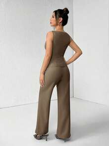 PETITE Conjunto de chaleco y pantalones de un solo pecho de unicolor con cuello redondo, elegante traje de oficina para mujer, ropa de mujer de verano y otoño, conjunto de oficina, ropa casual de negocios, conjunto de dos piezas, ropa de oficina de otoño para mujer, conjunto de blazers para mujer - Marrón - Ver 2
