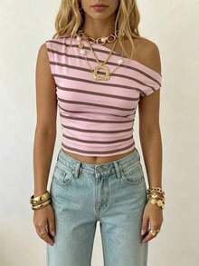 Conjunto de ropa casual y minimalista para deportes, calle, fiestas, aeropuerto, con estampado a rayas rosado y marrón de estilo universitario, apto para festivales de música, outfit de verano para mujer, top corto asimétrico y fruncido ajust - Multicolor 2 - Ver 3