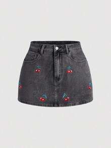 MOD Falda vaquera casual con bolsillo bordado con cerezas para mujer - Negro - Ver 3