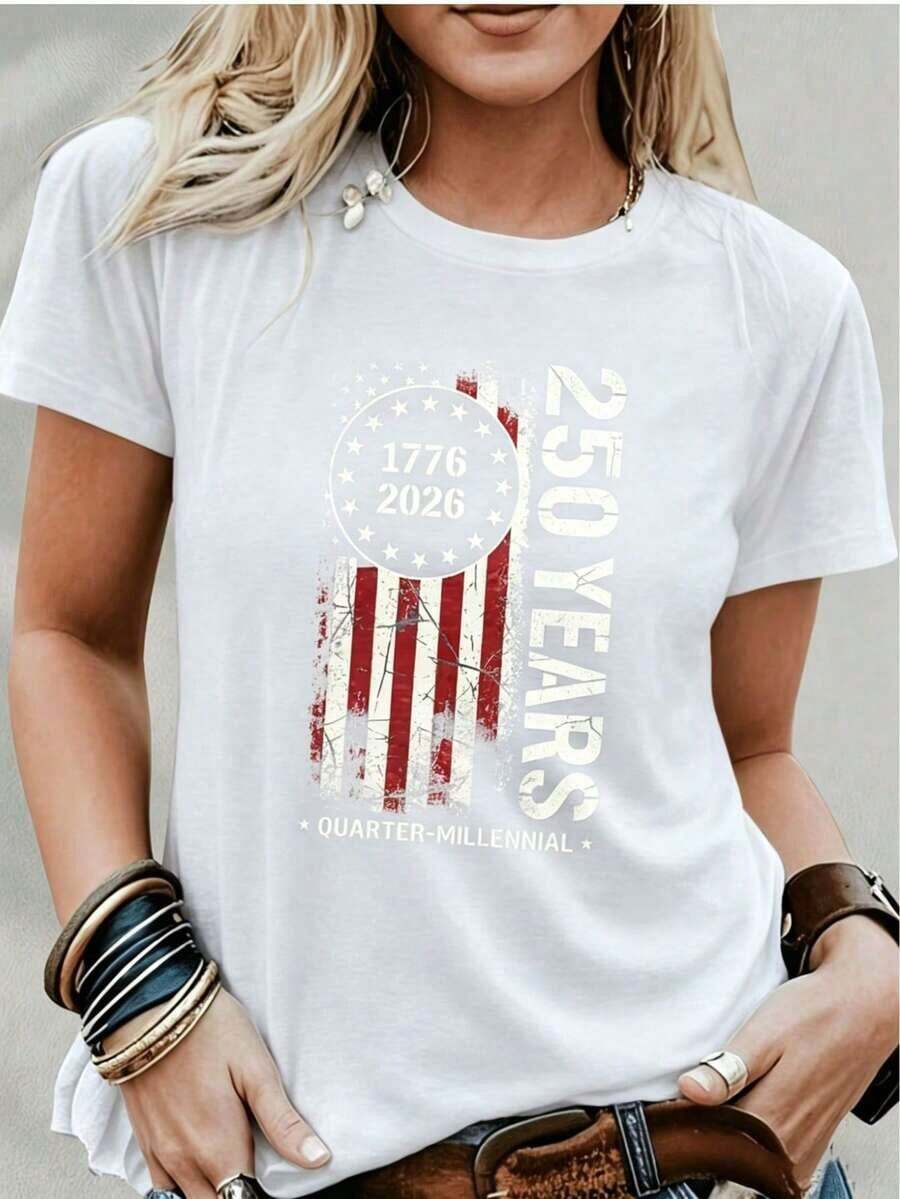 250ºAniversarioCamisetaConEstadounidenseBandera1776-2026250AñosMujeresRegularCortoManga-DiversiónDibujos animadosImprimir,RedondoCuelloInformalVersátil-MáquinaLavableA la modaMujeresRopaCómodoYTranspirableTela,SimpleYLimpioEstilo,Todos los díasVersátil100%Camisa de algodón, elegante y adecuada para fiestas. - Blanco - Ver 1