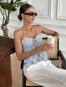 Top camisole de mujer con estampado, bordado y rayas, ideal para vacaciones con lazo delantero - Azul marino - Ver 5