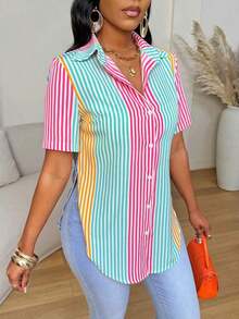Camisa de mujer de manga corta, ajuste ceñido, con dobladillo curvo dividido, unicolor minimalista, para uso diario y casual en verano - Multicolor 10 - Ver 4