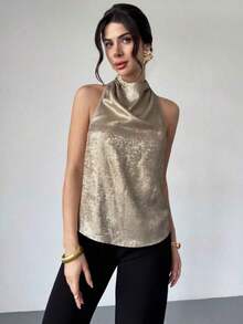 Blusa de satén dorado con cuello de tortuga y espalda de halter, elegante y casual para ir al trabajo/Look de Año Nuevo/Blusa sexy/Blusa brillante/Blusa para fiesta/Blusa de estilo "Old Money"/Blusa dorada - Dorado - Ver 6