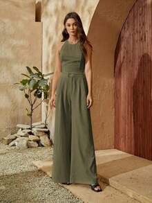 trasero de espalda abierta Top halter & Pantalones de pierna ancha - Verde militar - Ver 8