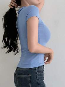 Playera de polo de mujer de verano casual de unicolor y ajuste estrecho - Azul - Ver 5