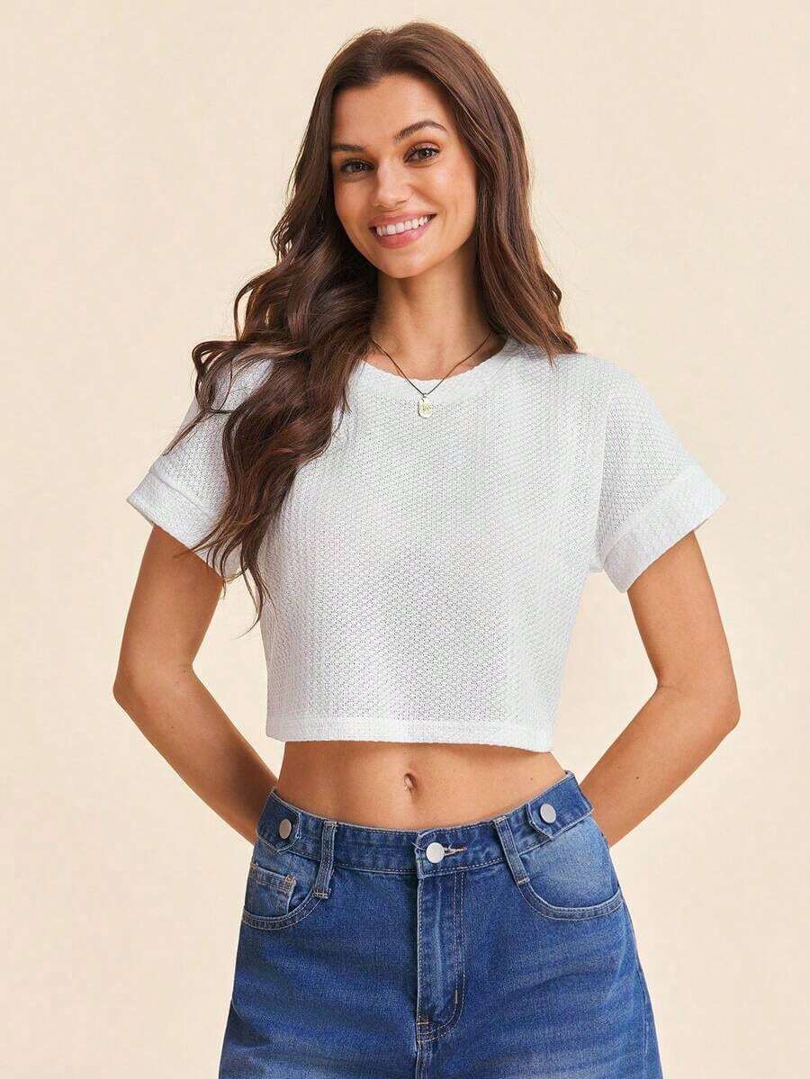 Camiseta corta de manga de murciélago color rosa sólido de primavera - Blanco - Ver 1