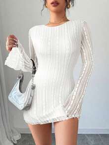 mini ajustado de encaje de estilo elegante, romántico y sexy para mujer, adecuado para fiestas, vacaciones, vuelta al colegio, citas románticas, bodas y cumpleaños - Manga larga - Blanco - Ver 3